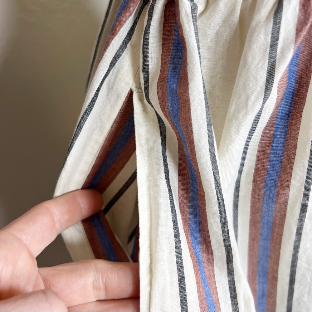 LOFT Beach Women’s Size S Ivory Blue Striped Smocked V-Neck Midi Dress Pockets - Picture 8 of 15